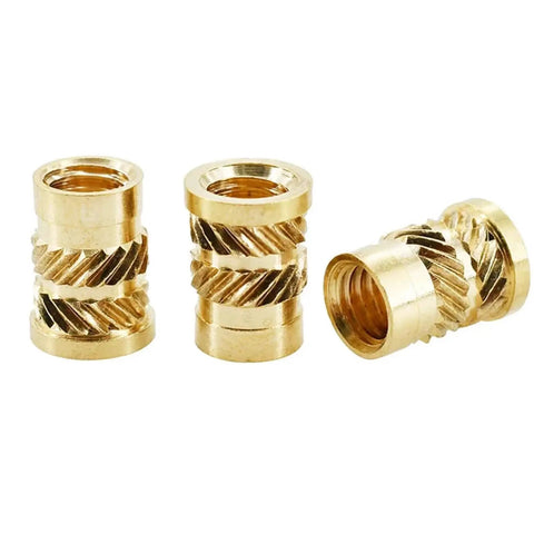Brass Knurled Hot Melt Threaded Inserts Nuts M3 Size Lock In Solid For Wood And Plastic With Strong Hold To Handle Heavy Torque Stress Without Breaking, three brass inserts showing knurled design.