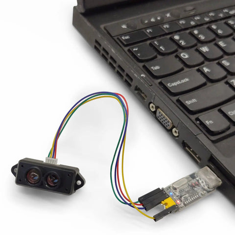 Compact Lidar Sensor For Drones And Robots With 0.1-12m Range connected to laptop with wiring kit