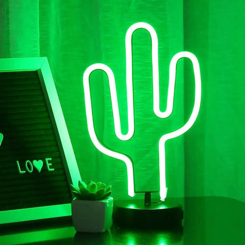 Cactus Neon Night Light With Pedestal LED Sign For Kids Room And Bedroom Decor, Battery Or USB Operated Safe, Cool Low Voltage Neon Light