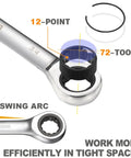 Must Have Ratcheting Wrench Set 22-Piece Metric And SAE Chrome Vanadium 72-Tooth Ratchet 6mm To 18mm close-up 72-tooth feature