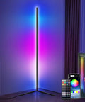 Corner Floor Lamp RGB Mood Light With 16 Million Colors And 210 Dynamic Modes, 56.7 Inches Tall by a wall with remote and app