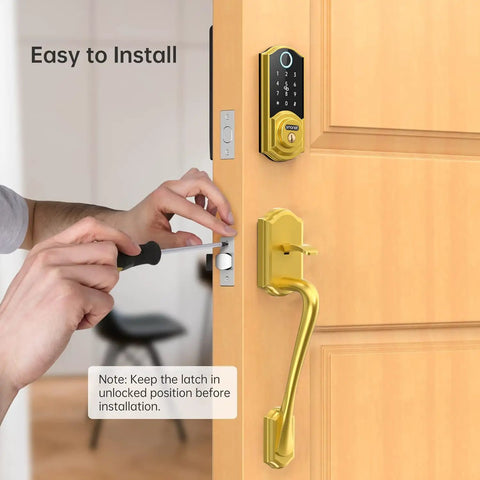 Smooth Operator Smart Lock For Front Doors With Integrated Handle Featuring Quick Fingerprint Unlock Smartphone App Bluetooth Control Alexa Compatibility And Classic Gold Finish For Tight Security And Dead Simple Install