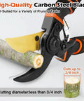 Heavy Duty Pruning Shears For Garden Work With Foam Grip Handles cutting a branch, pro-grade stainless steel blades visible, close-up