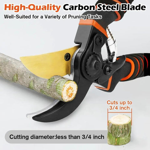 Heavy Duty Pruning Shears For Garden Work With Foam Grip Handles cutting a branch, pro-grade stainless steel blades visible, close-up