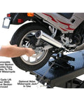 Shop Tough Portable Motorcycle Lift Air Operated Bike Stand 1000 Lb Capacity with removable dropout section for easy access.