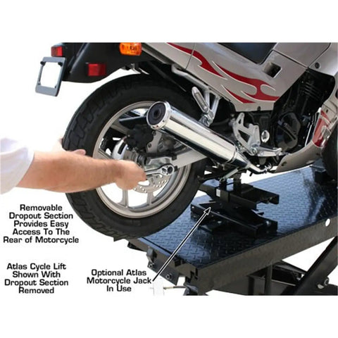Shop Tough Portable Motorcycle Lift Air Operated Bike Stand 1000 Lb Capacity with removable dropout section for easy access.