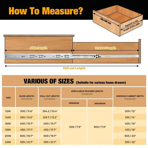 Measurement guide for 22 Inch Heavy Duty Soft Close Drawer Slides Set with 10 Pairs Side Mount Ball Bearing Rails Brushed Nickel Finish.
