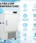 Super Chill Ultra Low Temperature Lab Freezer With Kickass Cryogenic Cooling Keeps Your Delicate Samples Locked And Loaded At -86C, white cabinet design.