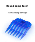 Close-up of blue clip from 10 Piece Clip Guide Set For Electric Clippers Magnetic Guards Pro Haircut Combs For Barbershop And Home Use Adjustable Length Tips For Precise Trim Control Smooth Guide Durable Plastic Construction Y0729 Color Box.