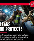 Worker using Deep Creep spray to clean and protect metal surfaces and tools in a workshop environment.
