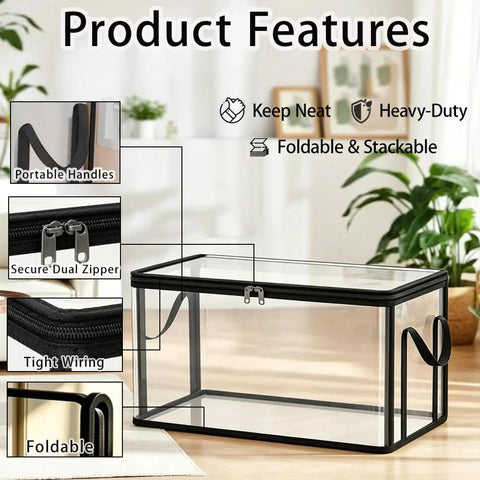 Built Like A Tank Large Clear Plastic Storage Bin With Heavy Duty Foldable Frame Reinforced Handles And A Secure Zippered Lid features highlighted.