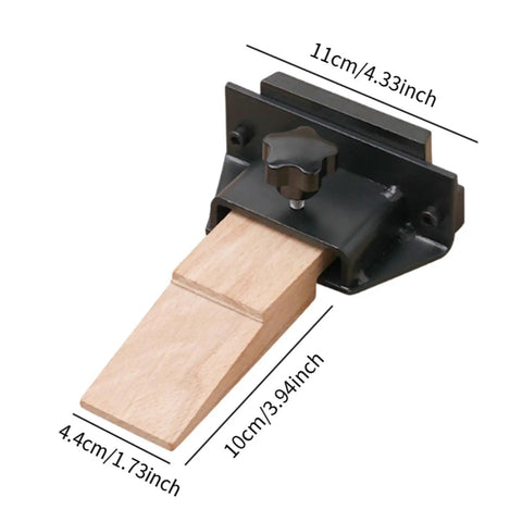 Wooden bench pin with adjustable clamp, compact workbench tool ideal for jewelry making and DIY projects. Dimensions included.