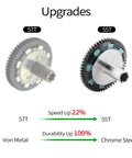 Comparison of Beefed Up 55T Slipper Set With Slipper Shaft 0.8Mod vs 57T, showing speed and durability upgrades in chrome steel.