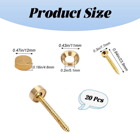 Top Notch Brass Screw Covers And Decorative Caps Set With Mirror Finish Hardware Kit showing product sizes and self tapping screws.