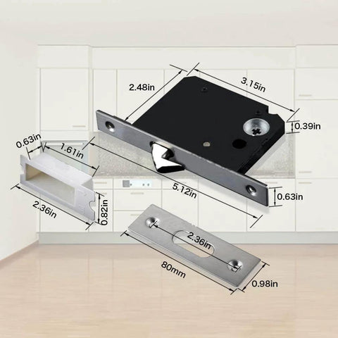 Invisible Barn Wood Sliding Door Lock Hardware With Cup Handle And Keys shown with detailed dimensions against a room background.