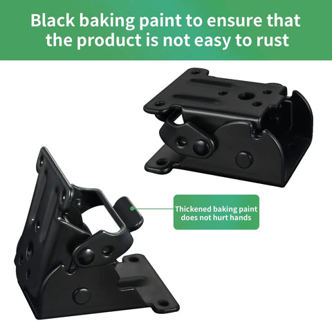 Black steel folding table leg bracket with thick baking paint finish, part of Four Pack Folding Table Leg Brackets Adjustable Zero To Ninety Steel Hinges For Workshop Tables Desks Rust Proof Black Finish Holds Five Hundred Pounds Each Dang Sturdy Hardware.