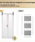 Comparison of Mirror Panel Bifold Barn Door Kit With Sliding Hardware For Narrow Closets, 56 Inch Width By 84 Inch Height, pre-assembled vs. unassembled parts.