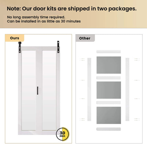Comparison of Mirror Panel Bifold Barn Door Kit With Sliding Hardware For Narrow Closets, 56 Inch Width By 84 Inch Height, pre-assembled vs. unassembled parts.