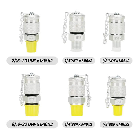 Six hydraulic test couplings in various sizes for Hydraulic Test Gauge Kit With Three Gauges 0 To 250 Bar 0 To 400 Bar 0 To 600 Bar.