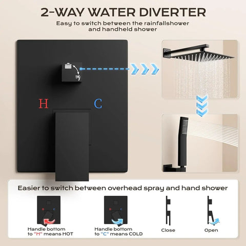 Slick Matte Black Shower Faucet Set With 10 Inch Rain Head And Handheld Sprayer, Boasting Top Shelf Pressure Balance For Zero Sweat Temperature Control In Any Home Setup