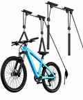 2 Pack Bike Ceiling Hoist Storage System for Garage Weight Lifting Gear 88 Pounds Capacity with blue bike and steel pulleys.