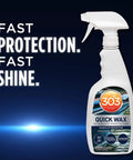 Marine Quick Wax Spray For Boats With Fiberglass And Gelcoat Easy Spray On Application Delivers Slick Gloss Finish On Wet Or Dry Surfaces 90 Day Protection And Quick Shine For A Fresh Look 32 Oz bottle on blue background
