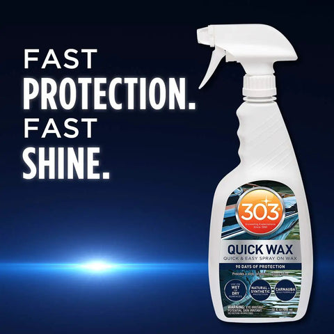 Marine Quick Wax Spray For Boats With Fiberglass And Gelcoat Easy Spray On Application Delivers Slick Gloss Finish On Wet Or Dry Surfaces 90 Day Protection And Quick Shine For A Fresh Look 32 Oz bottle on blue background