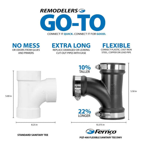 4 Inch Flexible PVC Tee Plumbing Fitting With Optional 3 Inch Reducer Bushing For DWV Drain Waste Vent Lines That Fits Cast Iron Steel And Plastic Pipe, Built To Last And Easy To Install No Fuss. flexible sanitary tee DWV with clamps