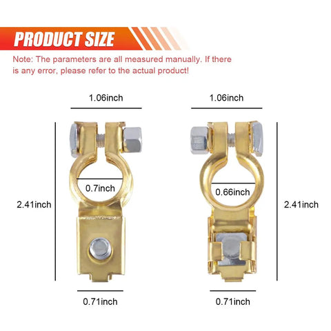 Front view of gold Battery Terminal Clamps Set For Positive And Negative Posts Pure Copper Quick Release Cable Ends dimensions.