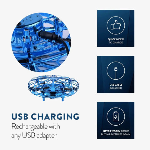 Intelli UFO Hover Drone With Motion Sensing, Easy To Fly Indoor Outdoor Toy showing blue USB charging port