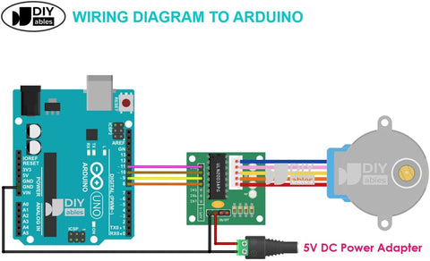 DIYables 28BYJ-48 5V stepper motor with ULN2003 driver connected to a blue Arduino UNO and 5V DC power adapter
