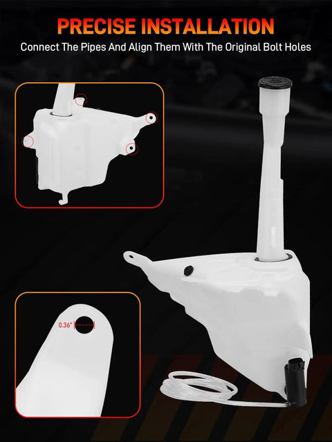 Windshield Washer Reservoir With Cap And Sensor Hole Bottom Dropin Replacement Tank For Toyota Tacoma 1998 to 2004 Replaces OE 8531504060 TO1288184 85315 04060 12498759 Ready To Install showing installation view with sensor hole and cap.