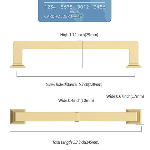 Top Shelf Brushed Gold Cabinet Pulls 10 Pack With Trim Down Screws For Kitchen Drawers Modern Deco Style Slick Satin Finish detail view with dimensions.