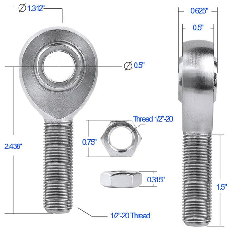Heavy Duty Half Inch Rod End Bearings Kit Spherical Heim Joints With Chromoly Shaft Support Jam Nuts Left Hand And Right Hand Threads Half Inch By Twenty For Steering Linkage 2 Pieces, 1/2-20 rod end with jam nut
