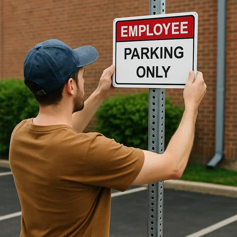 Man installing 'Employee Parking Only' sign, Custom Metal Sign For Outdoors And Indoors Personalize Your Home Office Or Biz Door Porch Delivery Man Cave Garage Shop Street 10x7 UV Printed Aluminum Durable Weatherproof Wall Decor