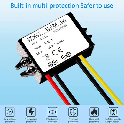 12V To 24V Boost Converter Waterproof IP68 Module, 5A 120W Step Up Power Supply For Car Truck Boat RV Van with wires