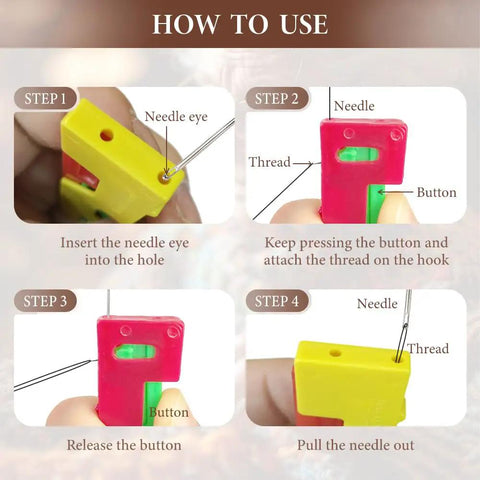 How to use steps for Automatic Needle Threader 3 Pack for Sewing Machines in yellow and red color.