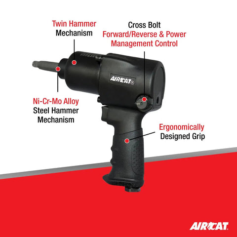One Half Inch Impact Wrench With Two Inch Anvil, Low Noise Twin Hammer Mechanism, Eight Hundred Foot Pounds Maximum Torque And One Thousand Foot Pounds Loosening Torque, NiCrMo Alloy Steel, Ergonomic Design For Lug Nuts showing features and ergonomic grip