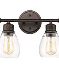 Two Light Farmhouse Vanity Light Fixture Over Mirror Wall Lamp For Bathroom With Clear Glass Shades And Oil Rubbed Bronze Finish