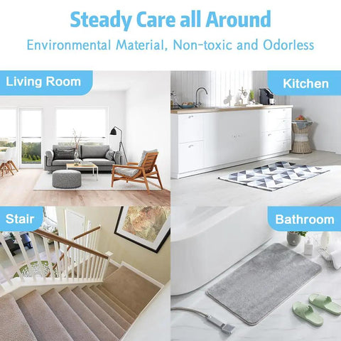 Eight Pack Rug Tape Grippers For Rugs Reusable Washable Non Slip Double Sided Rug Pads For Hardwood Floors And Prevent Sliding Rug Stoppers Black Heavy Duty Grip For High Traffic Areas And Pet Friendly Reusable Design shown in living room, kitchen, stair, and bathroom settings.