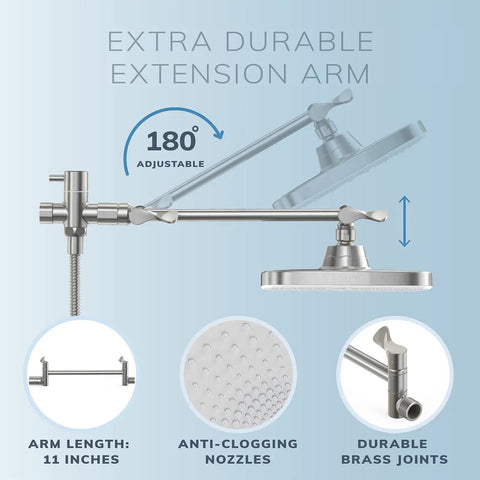 12 Inch Rainfall Shower Head With Handheld And Hose In White And Brushed Nickel Finish High Pressure Water Flow Ultra Wide Coverage Spa Like Shower Experience 389 Nozzle Array, extension arm visible with 180° swivel and anti-clogging features.
