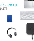 Level Up Your Road Ready Gear With This Thunderbolt 3 Travel Dock, USB ports and accessories on a clean workspace.