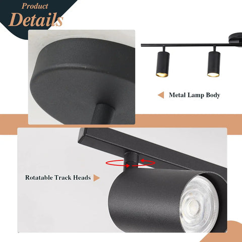 Close-up of Matte Black 4 Light LED Track Lighting Kit With Adjustable Heads Modern Flush Mount Ceiling Spotlight details