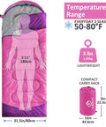 All Season Camping Sleeping Bag for Adults and Kids, Lightweight and Waterproof, 86in x 31.5in, pink with dimensions and carry sack