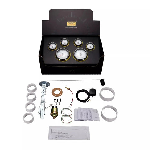 Pro Series 6 Gauge Set With 110mm Speedometer Tachometer And 52mm Fuel Level Water Temperature Oil Pressure And Volt Gauges, White Dial.