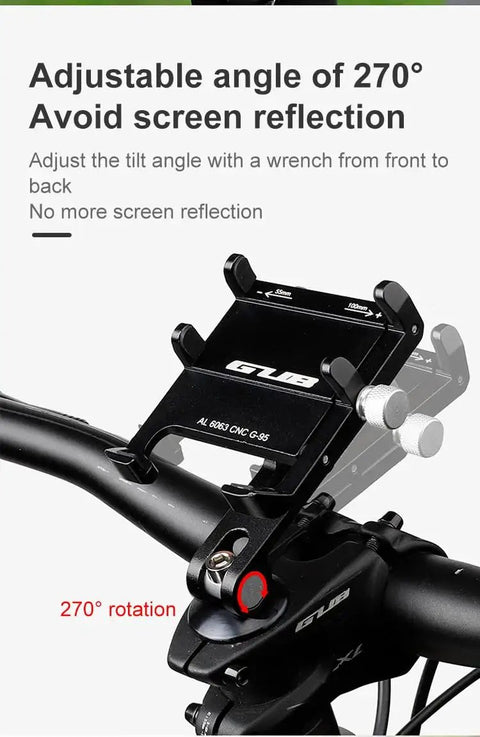 Adjustable Aluminum Alloy Bike Stem Phone Mount For Handlebar Secure Cellphone Holder With Bottom Bracket And Easy Quick Clip Access Ideal For Motorcycle Cycling And E Bike Rides showcasing adjustable angle feature with 270° rotation on handlebar.