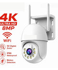 Dope 4K PTZ WiFi Security Camera With Smart Auto Tracking And Dual Night Vision Smooth Ball Design mounted on a wall.