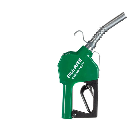 Automatic Fuel Transfer Nozzle 3/4 Inch Beefy Rugged Aluminum Build For Gasoline Diesel Biodiesel Up To B20 E15 Kerosene 3 To 15 GPM Green Finish Easy Fill Auto Shutoff Standard Duty With Spring, showing green and metal nozzle design.