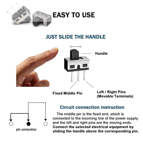 Mini Vertical Knob Slide Switches 18 Pack With Super Smooth Spdt Toggle Action diagram showing pin connections and handle use.