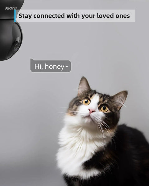 2K Indoor Camera With 360 Degree Coverage For Home Security, Pet Monitor observing a cat, demonstrating motion tracking capability.